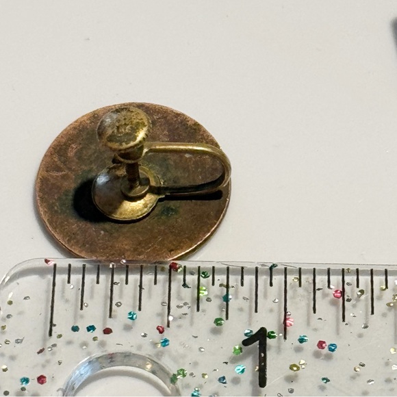 Vintage turquoise enamel on copper circular flat screwback earrings MCM atomic - Picture 5 of 10